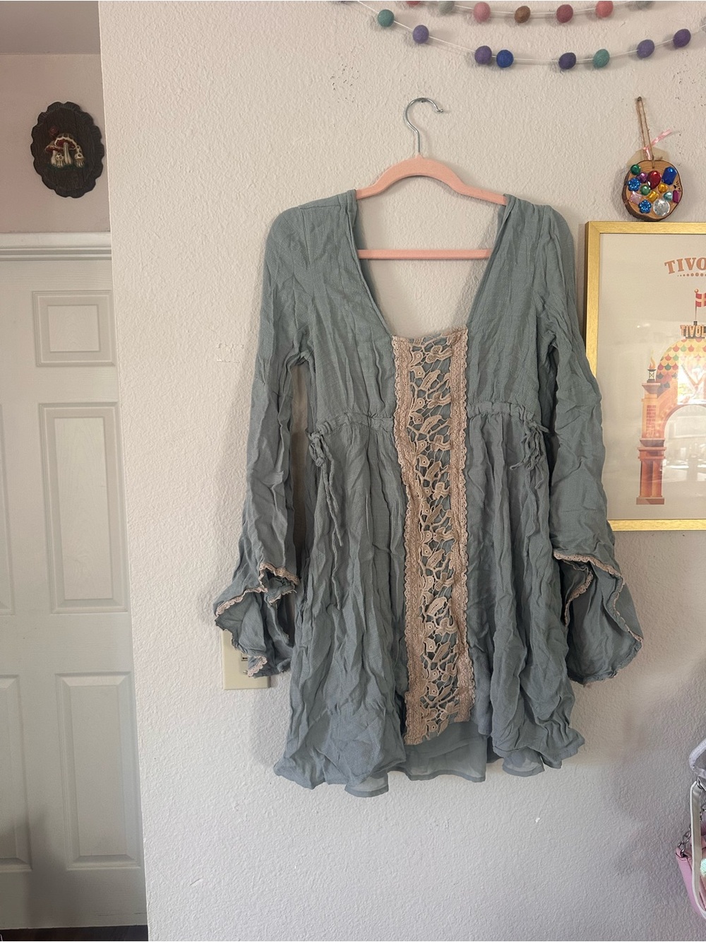 Free People Blue Tunic Lace Collar S Bell Sleeve
